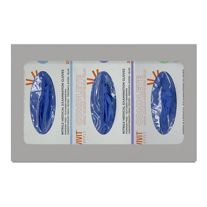 Glove Dispenser. Triple, Beige ABS Plastic, non-divided, wall mount. front facing, horizontal with 3 boxes of blue exam gloves