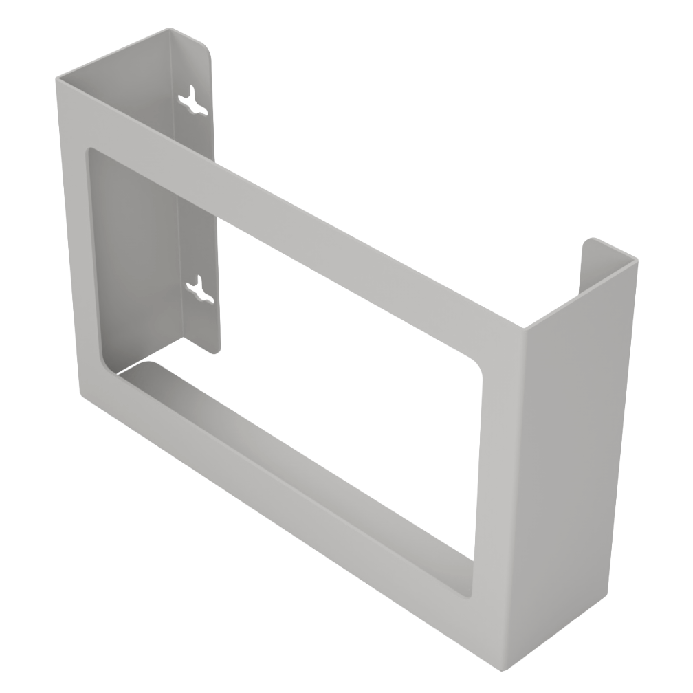 Glove Dispenser. Triple, Beige ABS plastic, non-divided, wall mount. front facing and angled slightly left, empty.