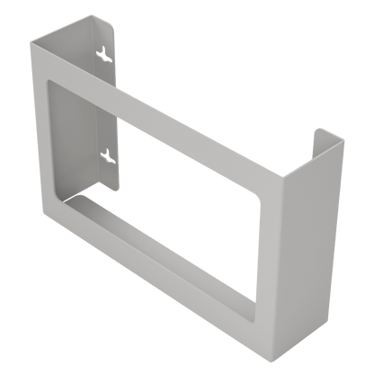 Glove Dispenser. Triple, Beige ABS plastic, non-divided, wall mount. front facing and angled slightly left, empty.