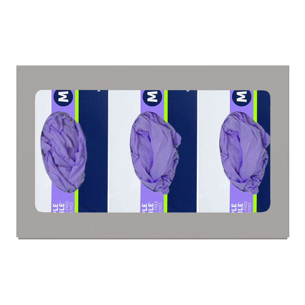 Glove Dispenser. Triple, Beige ABS plastic, non-divided, wall mount. front facing, horizontal with 3 boxes of purple exam gloves