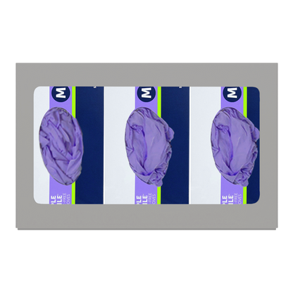 Glove Dispenser. Triple, Beige ABS plastic, non-divided, wall mount. front facing, horizontal with 3 boxes of purple exam gloves