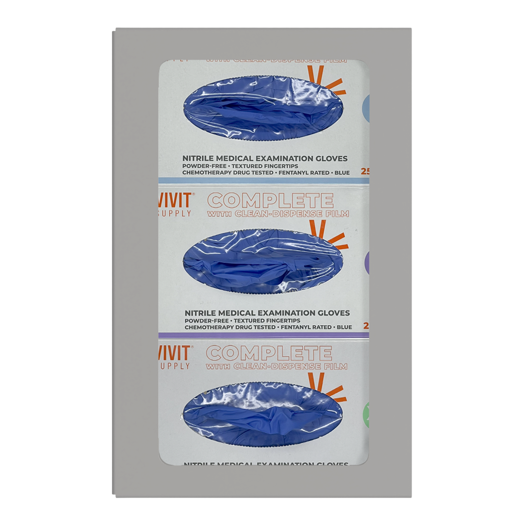 Glove Dispenser. Triple, Beige ABS Plastic, non-divided, wall mount with large cutout for dispensing. front facing, vertical with 3 boxes of blue exam gloves