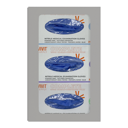 Glove Dispenser. Triple, Beige ABS Plastic, non-divided, wall mount with large cutout for dispensing. front facing, vertical with 3 boxes of blue exam gloves