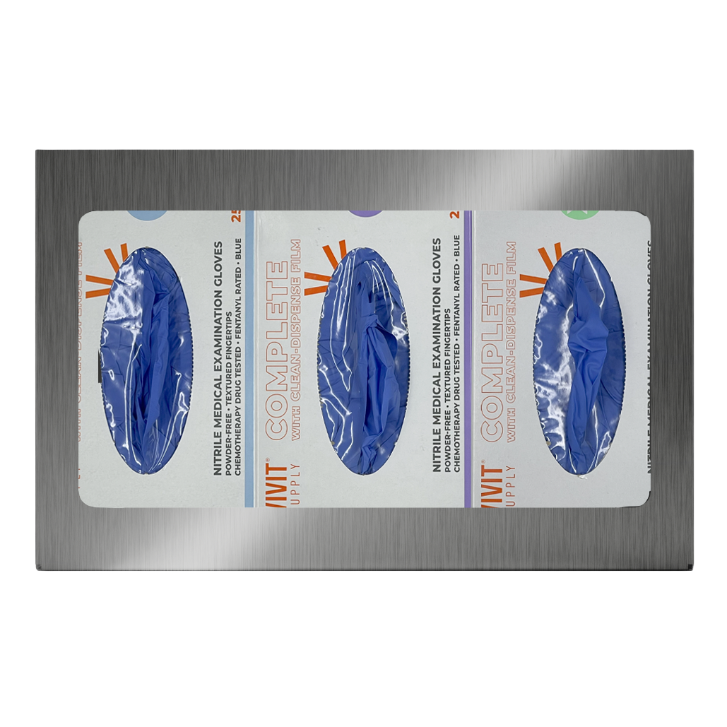 Glove Dispenser. Triple, Stainless Steel, non-divided, wall mount. front facing, horizontal with 3 boxes of blue exam gloves