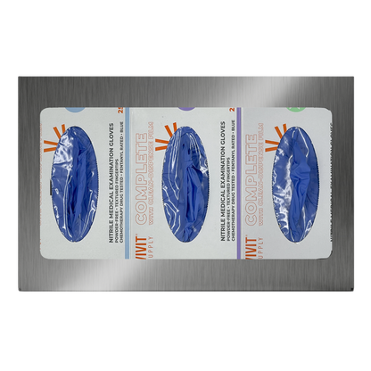 Glove Dispenser. Triple, Stainless Steel, non-divided, wall mount. front facing, horizontal with 3 boxes of blue exam gloves