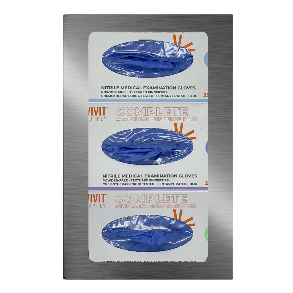 Glove Dispenser. Triple, Stainless Steel, non-divided, wall mount. front facing, vertical with 3 boxes of blue exam gloves