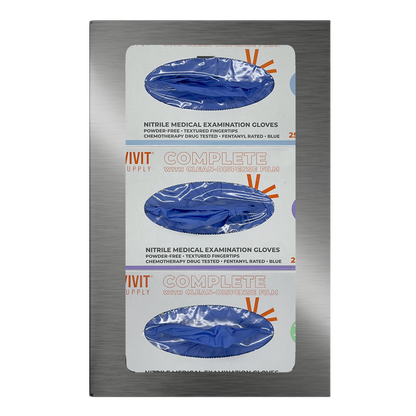 Glove Dispenser. Triple, Stainless Steel, non-divided, wall mount. front facing, vertical with 3 boxes of blue exam gloves