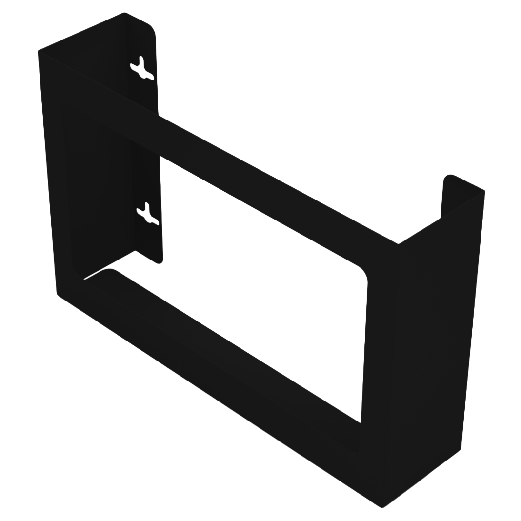 Glove Dispenser. Triple, Black Steel, non-divided, wall mount. front facing and angled slightly left, empty.