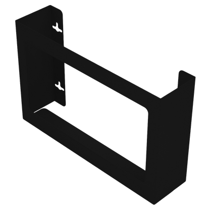 Glove Dispenser. Triple, Black Steel, non-divided, wall mount. front facing and angled slightly left, empty.
