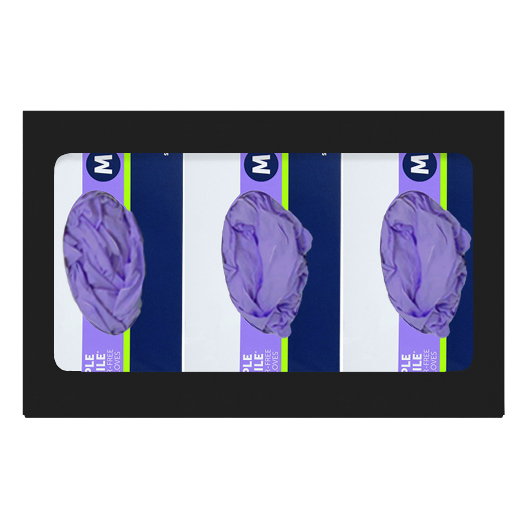 Glove Dispenser. Triple, Black Steel, non-divided, wall mount. front facing, horizontal with 3 boxes of purple exam gloves