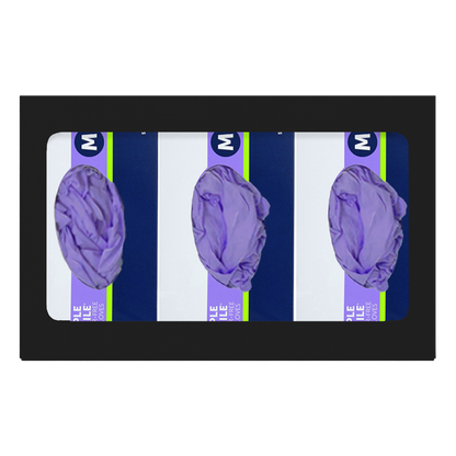 Glove Dispenser. Triple, Black Steel, non-divided, wall mount. front facing, horizontal with 3 boxes of purple exam gloves