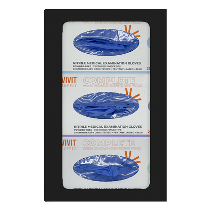 Glove Dispenser. Triple, Black Steel, non-divided, wall mount with large cutout for dispensing. front facing, vertical with 3 boxes of blue exam gloves