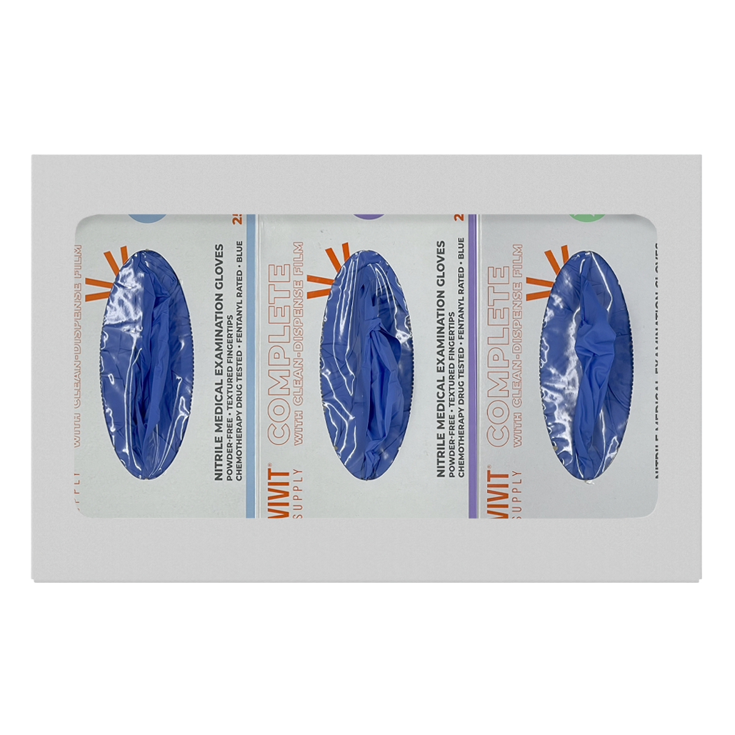 Glove Dispenser. Triple, White Steel, non-divided, wall mount. front facing, horizontal with 3 boxes of blue exam gloves