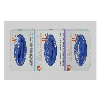 Glove Dispenser. Triple, White Steel, non-divided, wall mount. front facing, horizontal with 3 boxes of blue exam gloves