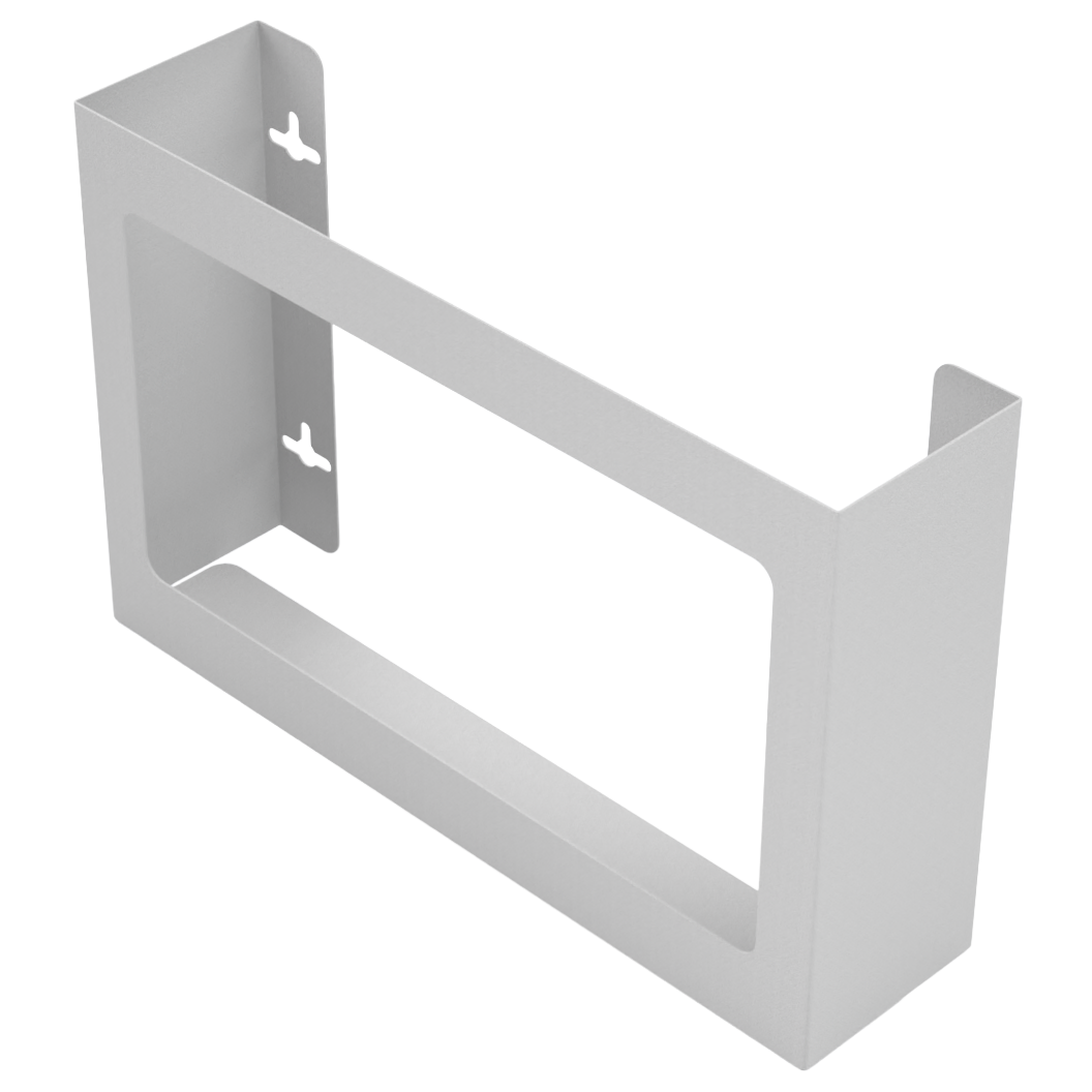 Glove Dispenser. Triple, White Steel, non-divided, wall mount. front facing and angled slightly left, empty.