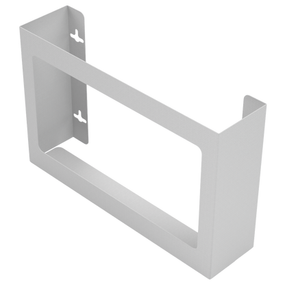 Glove Dispenser. Triple, White Steel, non-divided, wall mount. front facing and angled slightly left, empty.