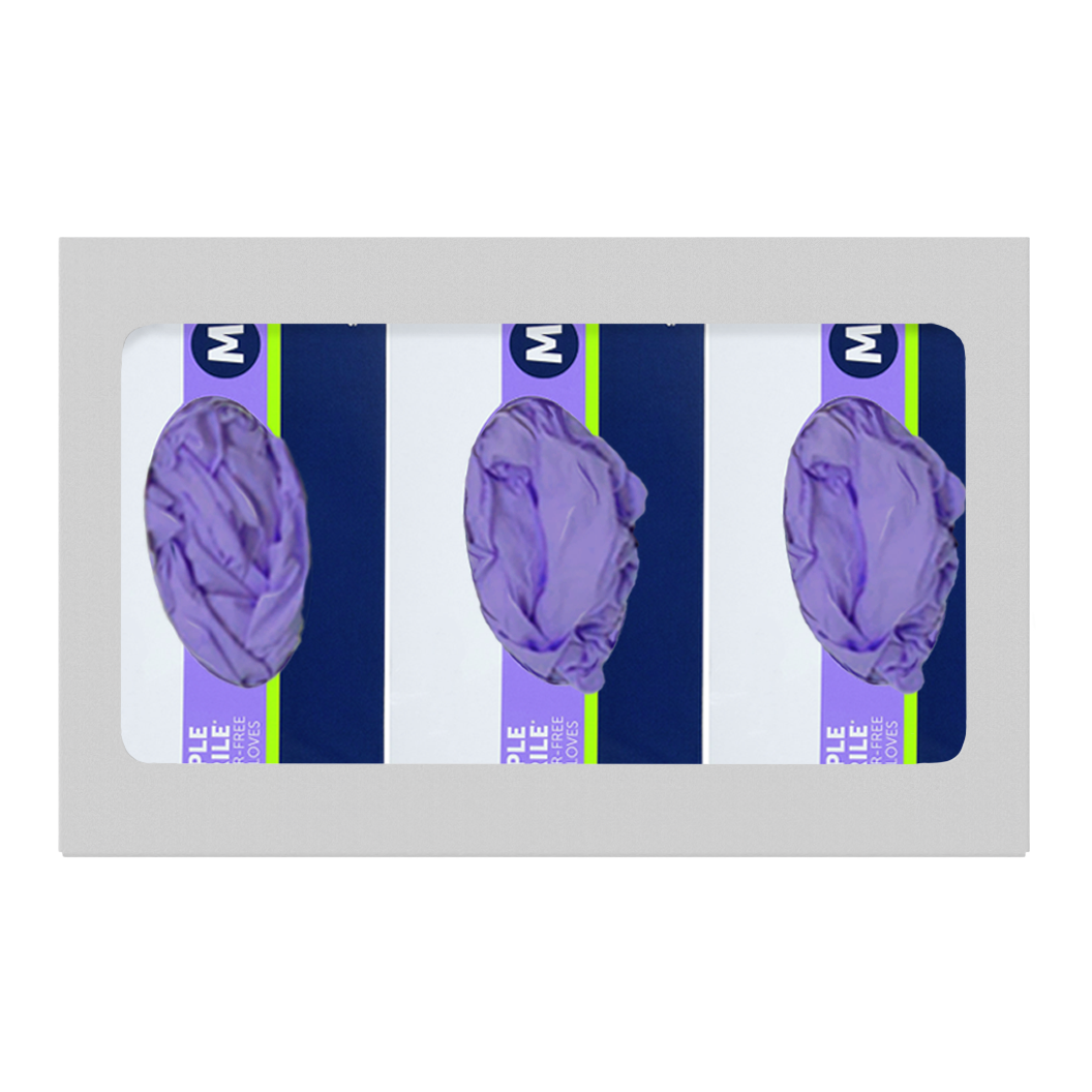 Glove Dispenser. Triple, White Steel, non-divided, wall mount. front facing, horizontal with 3 boxes of purple exam gloves