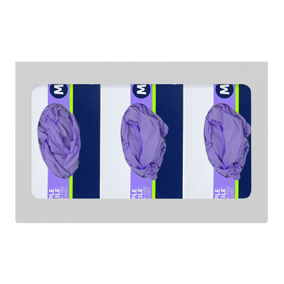 Glove Dispenser. Triple, White Steel, non-divided, wall mount. front facing, horizontal with 3 boxes of purple exam gloves
