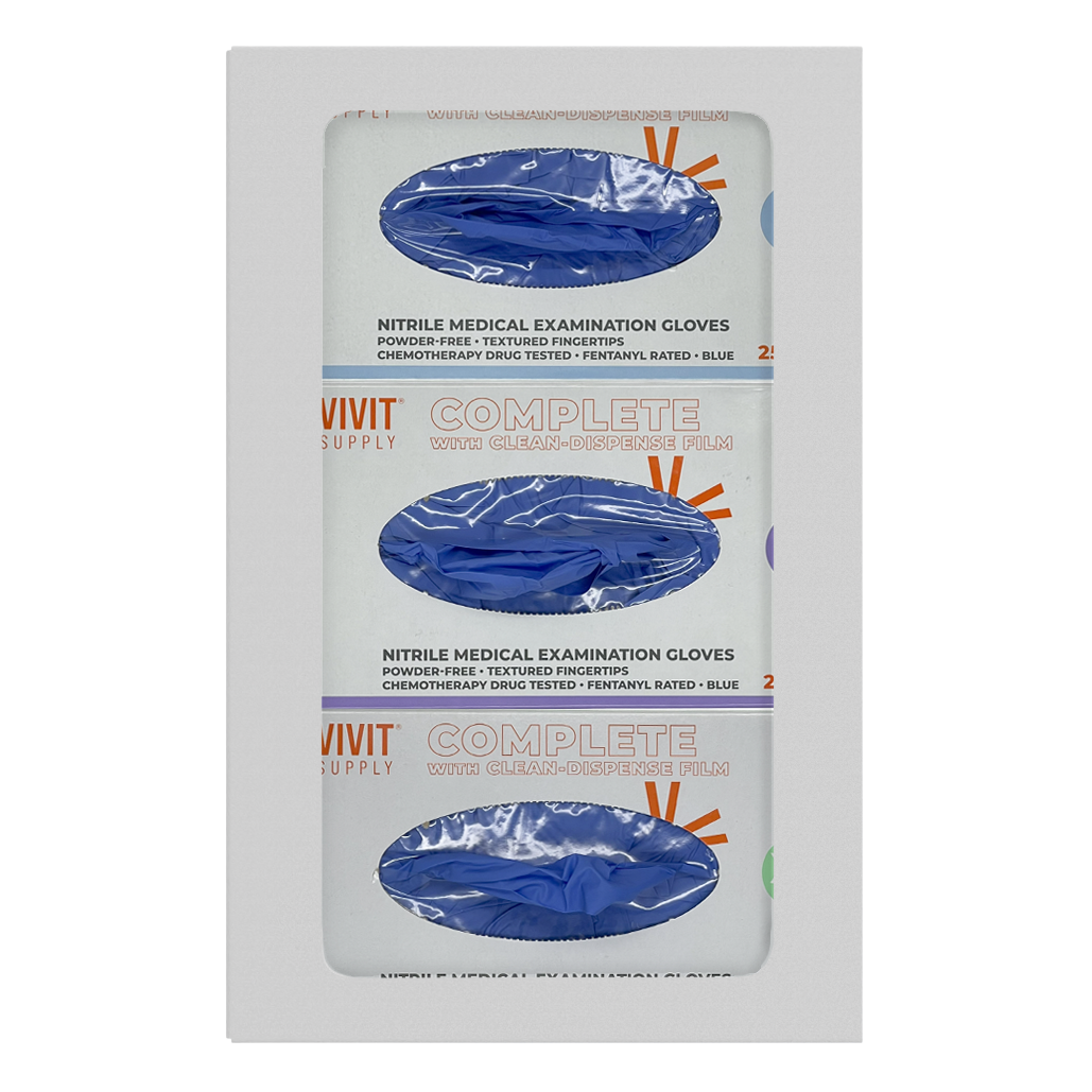 Glove Dispenser. Triple, White Steel, non-divided, wall mount with large cutout for dispensing. front facing, vertical with 3 boxes of blue exam gloves