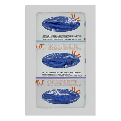 Glove Dispenser. Triple, White Steel, non-divided, wall mount with large cutout for dispensing. front facing, vertical with 3 boxes of blue exam gloves