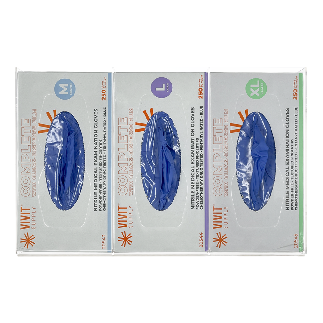 Glove Dispenser, Triple, Clear PETG plastic, wall mount, divided, with hourglass cutouts for dispensing. Front facing with one box each Medium, Large, and XL blue exam gloves.