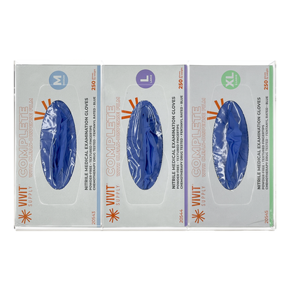 Glove Dispenser, Triple, Clear PETG plastic, wall mount, divided, with hourglass cutouts for dispensing. Front facing with one box each Medium, Large, and XL blue exam gloves.
