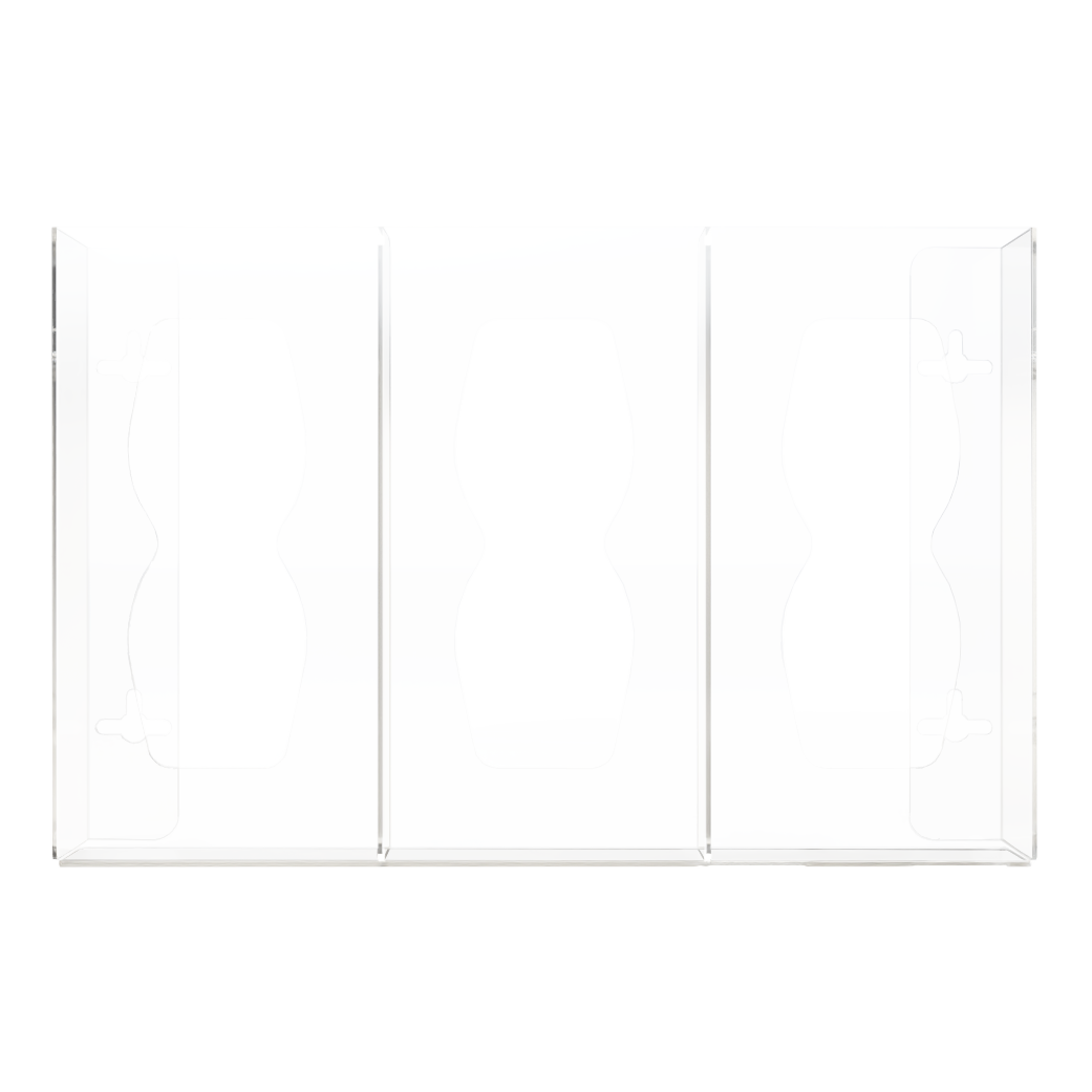 Glove Dispenser, Triple, Clear PETG plastic, wall mount, divided, with hourglass cutouts for dispensing. Front facing, empty