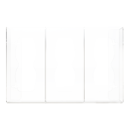 Glove Dispenser, Triple, Clear PETG plastic, wall mount, divided, with hourglass cutouts for dispensing. Front facing, empty