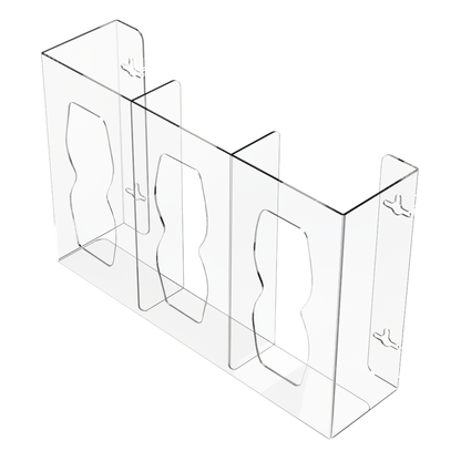 Glove Dispenser, Triple, Clear PETG plastic, wall mount, divided, with hourglass cutouts for dispensing. Front facing slightly angled left, empty