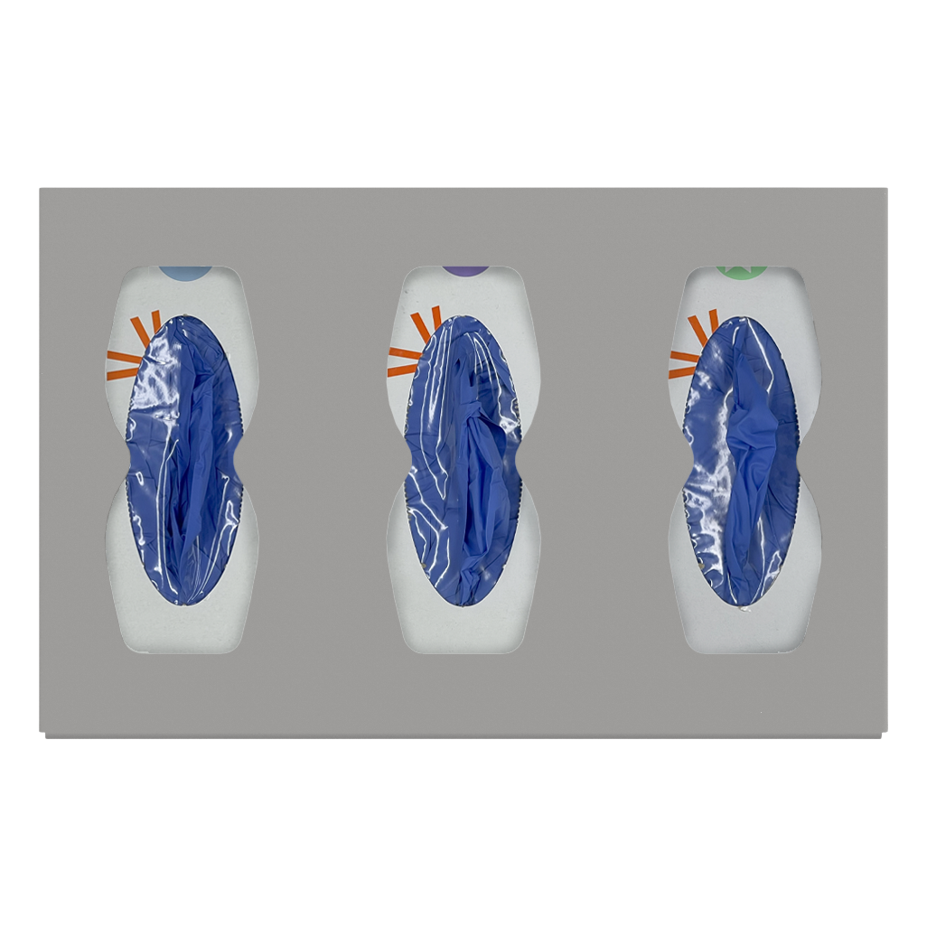 Glove Dispenser. Triple, Quartz ABS Plastic, divided, wall mount with hourglass cutouts for dispensing. front facing, horizontal with 3 boxes of blue exam gloves