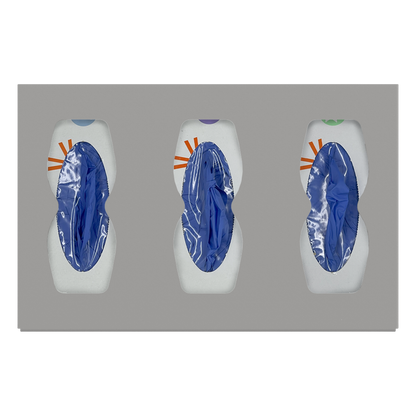 Glove Dispenser. Triple, Quartz ABS Plastic, divided, wall mount with hourglass cutouts for dispensing. front facing, horizontal with 3 boxes of blue exam gloves