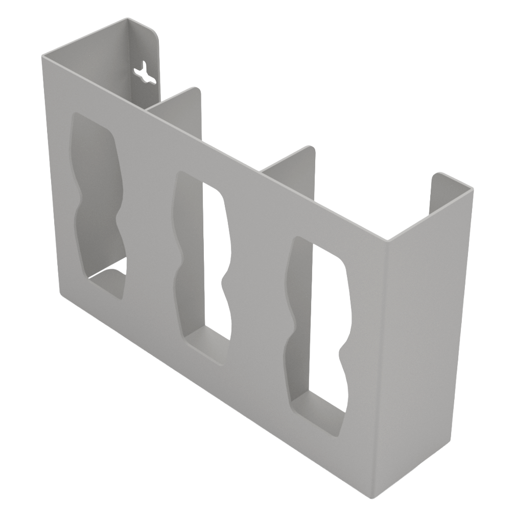 Glove Dispenser. Beige ABS plastic, wall mount, divided with hourglass cut outs for dispensing. Unit is empty, front facing and angled slightly left.