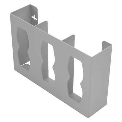 Glove Dispenser. Beige ABS plastic, wall mount, divided with hourglass cut outs for dispensing. Unit is empty, front facing and angled slightly left.