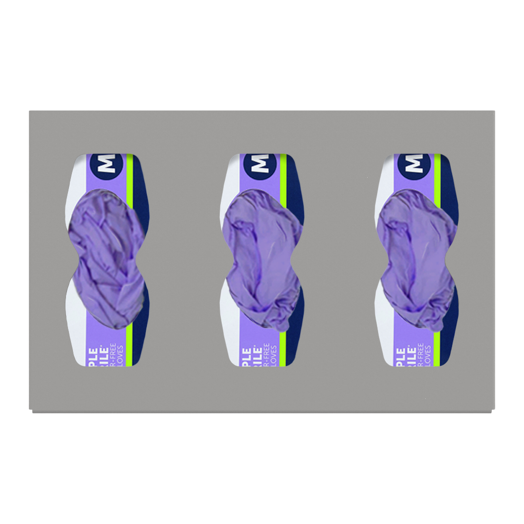 Glove Dispenser. Beige ABS plastic, wall mount, divided with hourglass cut outs for dispensing. Unit has 3 boxes of purple exam gloves, front facing