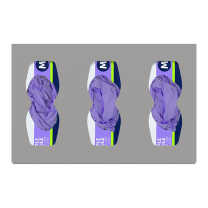 Glove Dispenser. Beige ABS plastic, wall mount, divided with hourglass cut outs for dispensing. Unit has 3 boxes of purple exam gloves, front facing