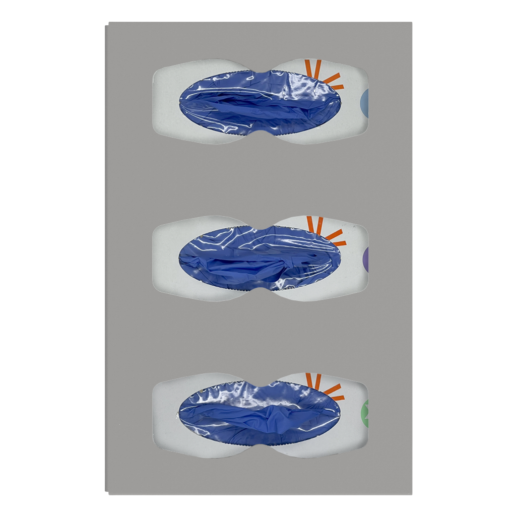 Glove Dispenser. Triple, Quartz ABS Plastic, divided, wall mount with hourglass cutouts for dispensing. front facing, vertical with 3 boxes of blue exam gloves