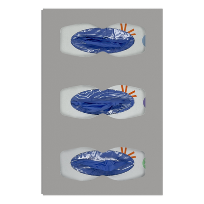 Glove Dispenser. Triple, Quartz ABS Plastic, divided, wall mount with hourglass cutouts for dispensing. front facing, vertical with 3 boxes of blue exam gloves