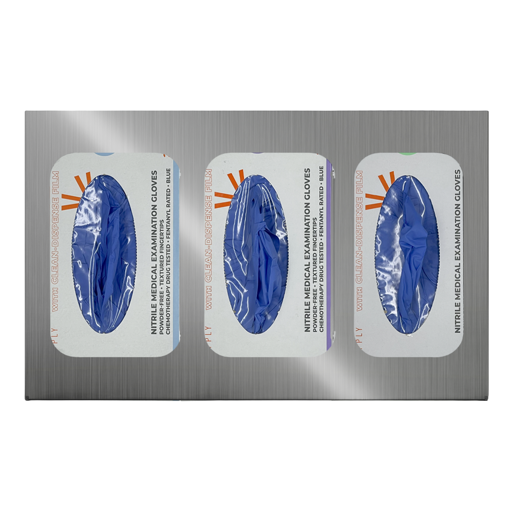 Glove Dispenser. Triple, Stainless Steel, divided, wall mount with rectangular cutouts for dispensing. front facing, horizontal with 3 boxes of blue exam gloves