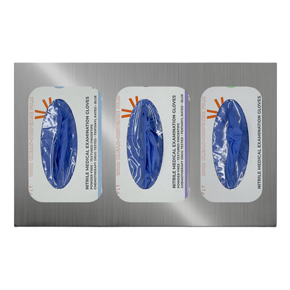 Glove Dispenser. Triple, Stainless Steel, divided, wall mount with rectangular cutouts for dispensing. front facing, horizontal with 3 boxes of blue exam gloves