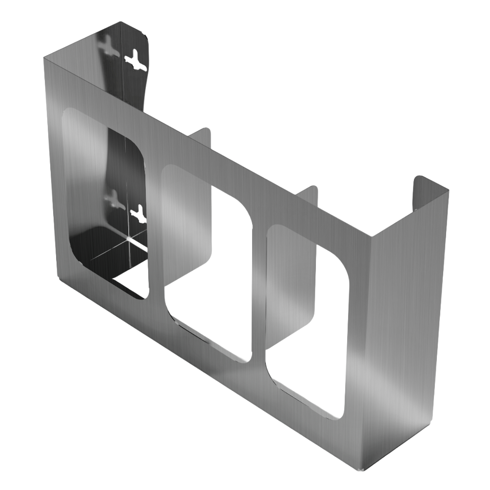Glove Dispenser, Triple, Stainless Steel, wall mount. Divided, vertical or horizontal mounting. Shown horizontal, empty, front facing slightly angled left with dividers visible.