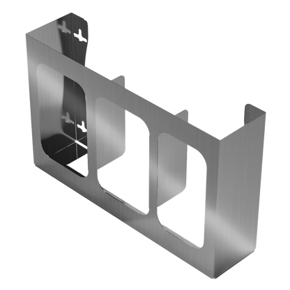 Glove Dispenser, Triple, Stainless Steel, wall mount. Divided, vertical or horizontal mounting. Shown horizontal, empty, front facing slightly angled left with dividers visible.