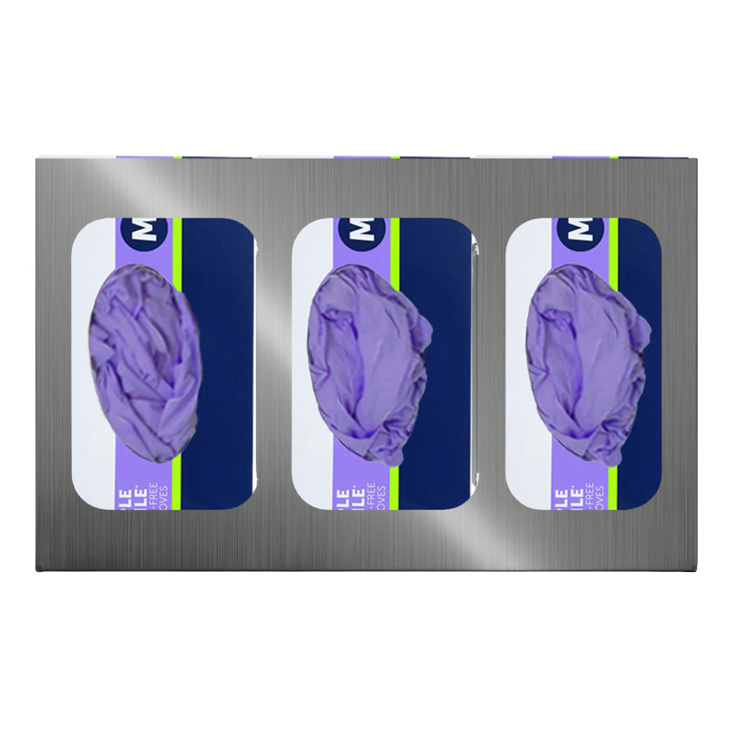 Glove Dispenser. Triple, Stainless Steel, divided, wall mount with rectangular cutouts for dispensing. front facing, horizontal with 3 boxes of purple exam gloves