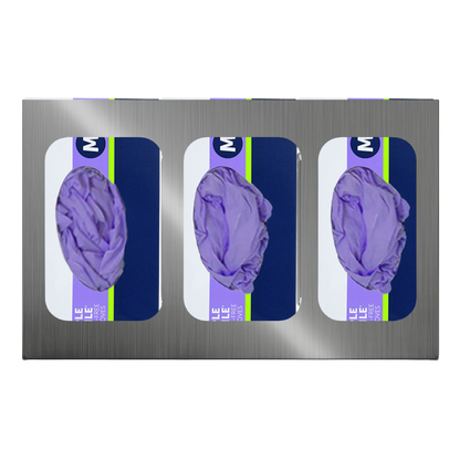 Glove Dispenser. Triple, Stainless Steel, divided, wall mount with rectangular cutouts for dispensing. front facing, horizontal with 3 boxes of purple exam gloves