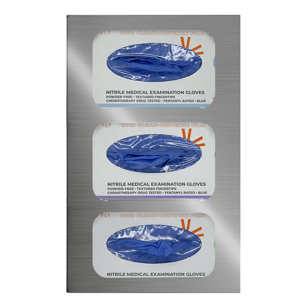 Glove Dispenser. Triple, Stainless Steel, divided, wall mount with rectangular cutouts for dispensing. front facing, vertical with 3 boxes of blue exam gloves