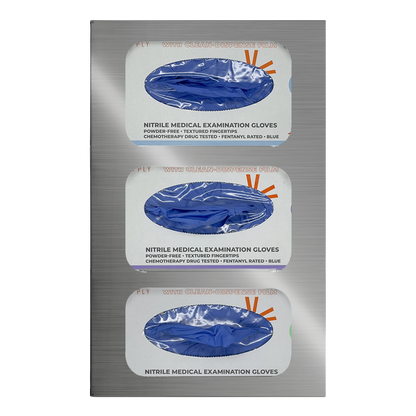 Glove Dispenser. Triple, Stainless Steel, divided, wall mount with rectangular cutouts for dispensing. front facing, vertical with 3 boxes of blue exam gloves