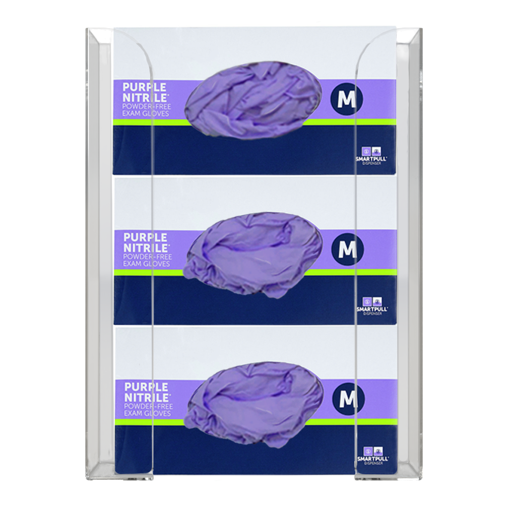 Glove Dispenser. Clear PETG plastic, Triple, wall-mount. non-divided, stackable. Front facing, vertical with 3 boxes of purple exam gloves.