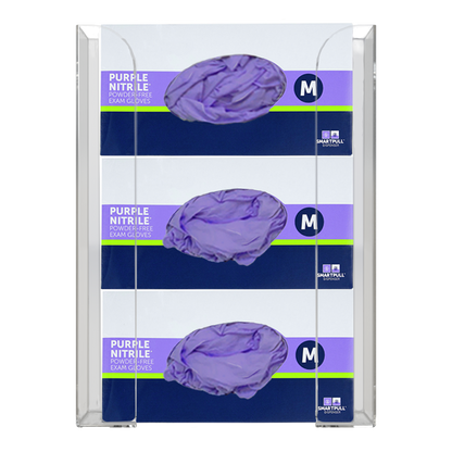 Glove Dispenser. Clear PETG plastic, Triple, wall-mount. non-divided, stackable. Front facing, vertical with 3 boxes of purple exam gloves.