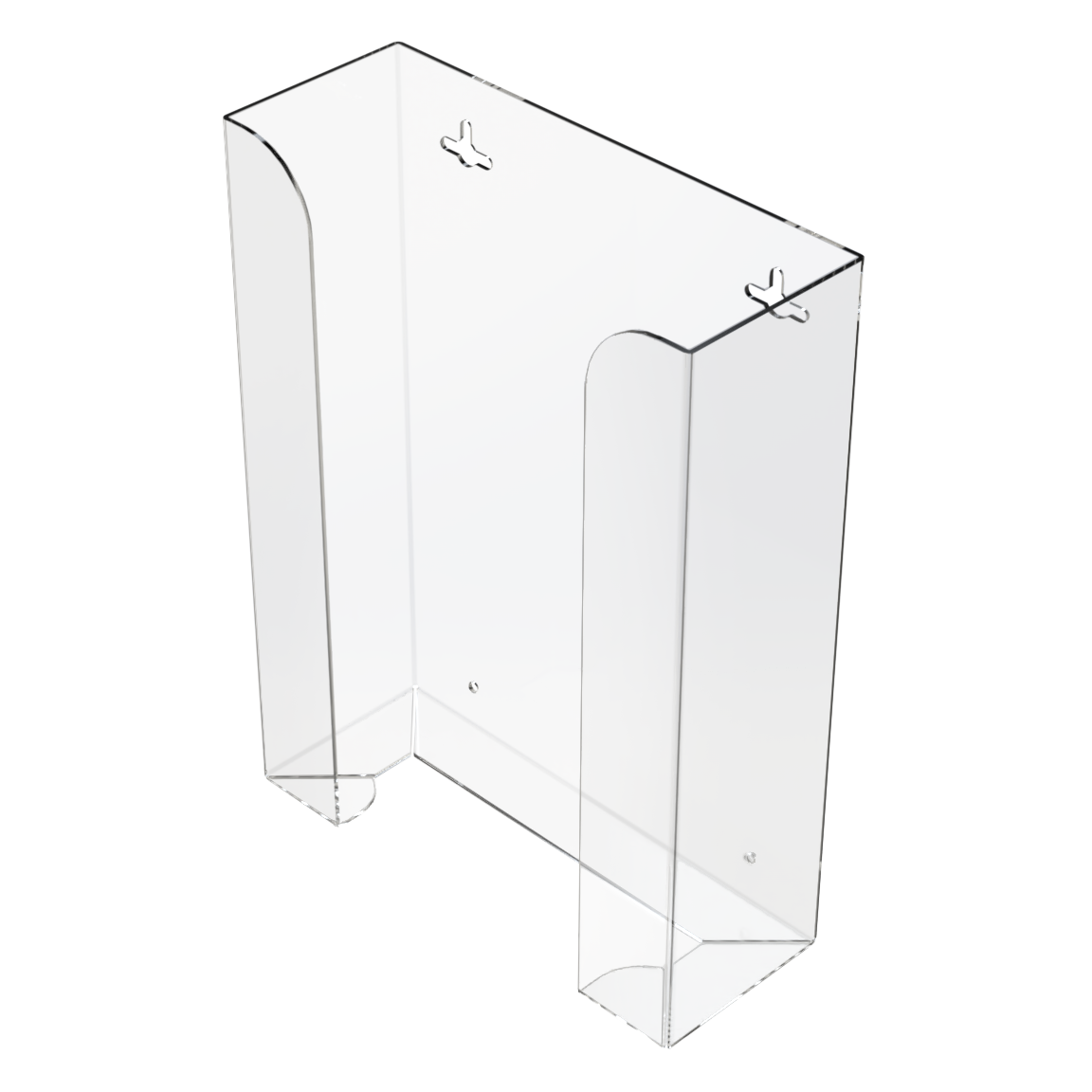 Glove Dispenser. Clear PETG plastic, Triple, wall-mount. non-divided ABS plastic, stackable. front facing, angled slightly left, vertical, empty.  