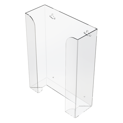 Glove Dispenser. Clear PETG plastic, Triple, wall-mount. non-divided ABS plastic, stackable. front facing, angled slightly left, vertical, empty.  