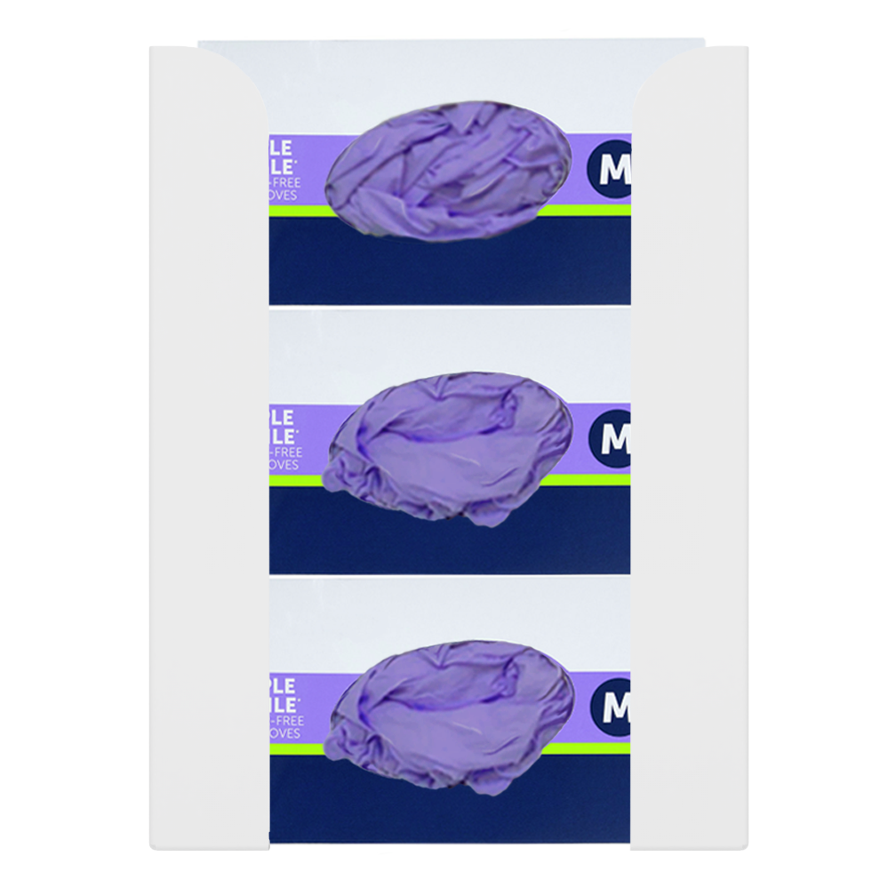 Glove Dispenser. White ABS plastic, Triple, wall-mount, non-divided, stackable. Front facing, vertical with 3 boxes of purple exam gloves.